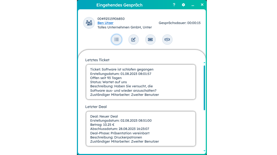 Das initiale Fenster zeigt Dir die Übersicht mit dem letzten Ticket und Deal.